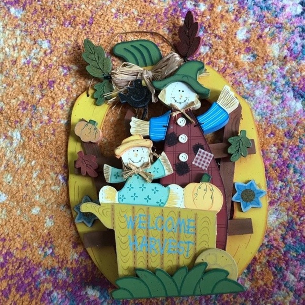 Wood 3-D Welcome Scarecrow Door Decor Fall VINTAGE Bird & Leafs go B O I NG